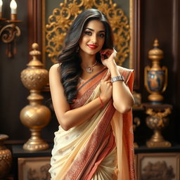 A stunning and alluring Indian woman dressed in a traditional saree, with intricate embroidery and a sensual drape that highlights her curves