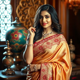 A stunning and alluring Indian woman dressed in a traditional saree, with intricate embroidery and a sensual drape that highlights her curves