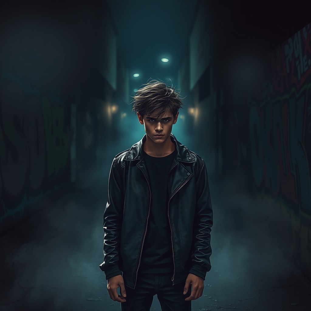 A moody scene depicting a young adult standing alone in a dark urban alley, surrounded by mist and dim lighting