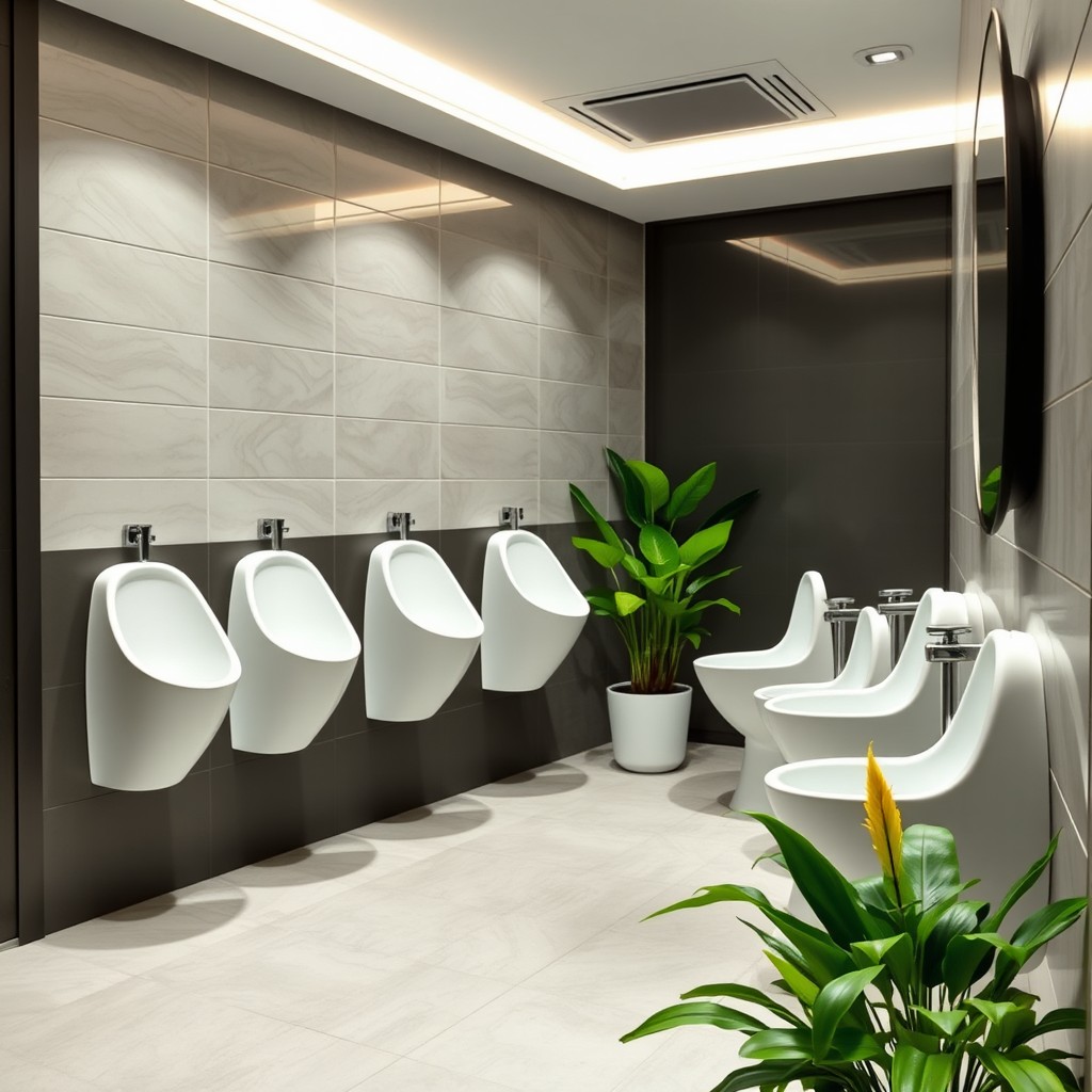 A modern, sleek public restroom featuring female urinals that jut out three feet from the wall