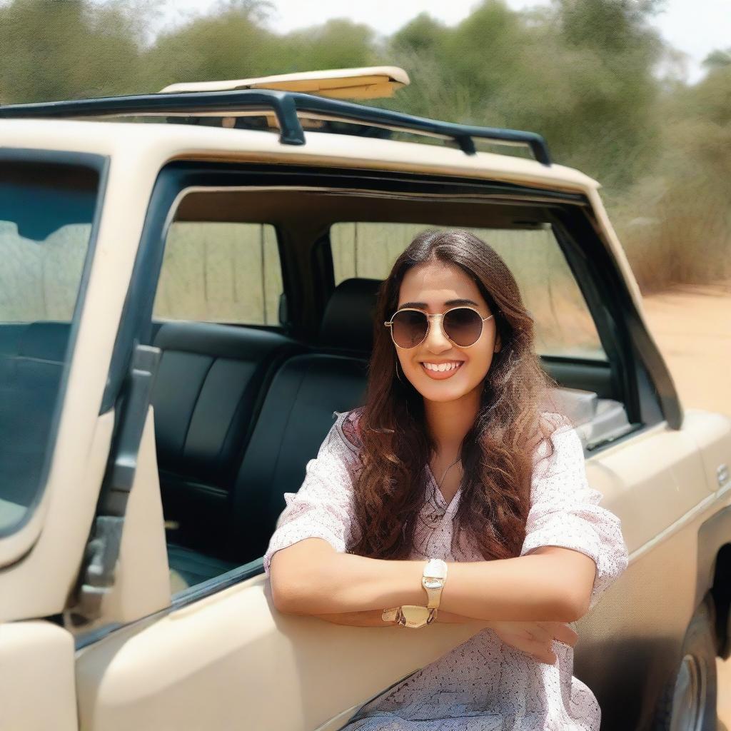 A young woman named Ayesha inside a luxurious Land Cruiser. She is seated gracefully, smiling slightly. The vehicle has a custom number plate with 'Ayesha' written on it.