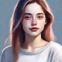 A high-quality digital art piece depicts a fair-skinned girl with a few subtle pimples