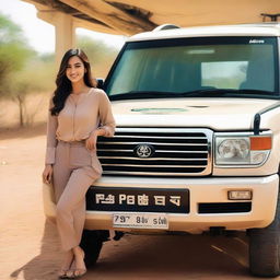 A young woman named Ayesha inside a luxurious Land Cruiser. She is seated gracefully, smiling slightly. The vehicle has a custom number plate with 'Ayesha' written on it.