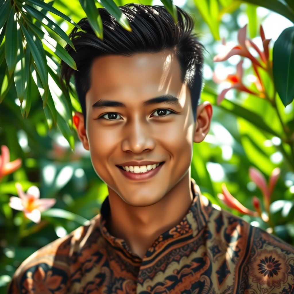 A portrait of a handsome Indonesian man with a charismatic smile, wearing traditional Batik attire
