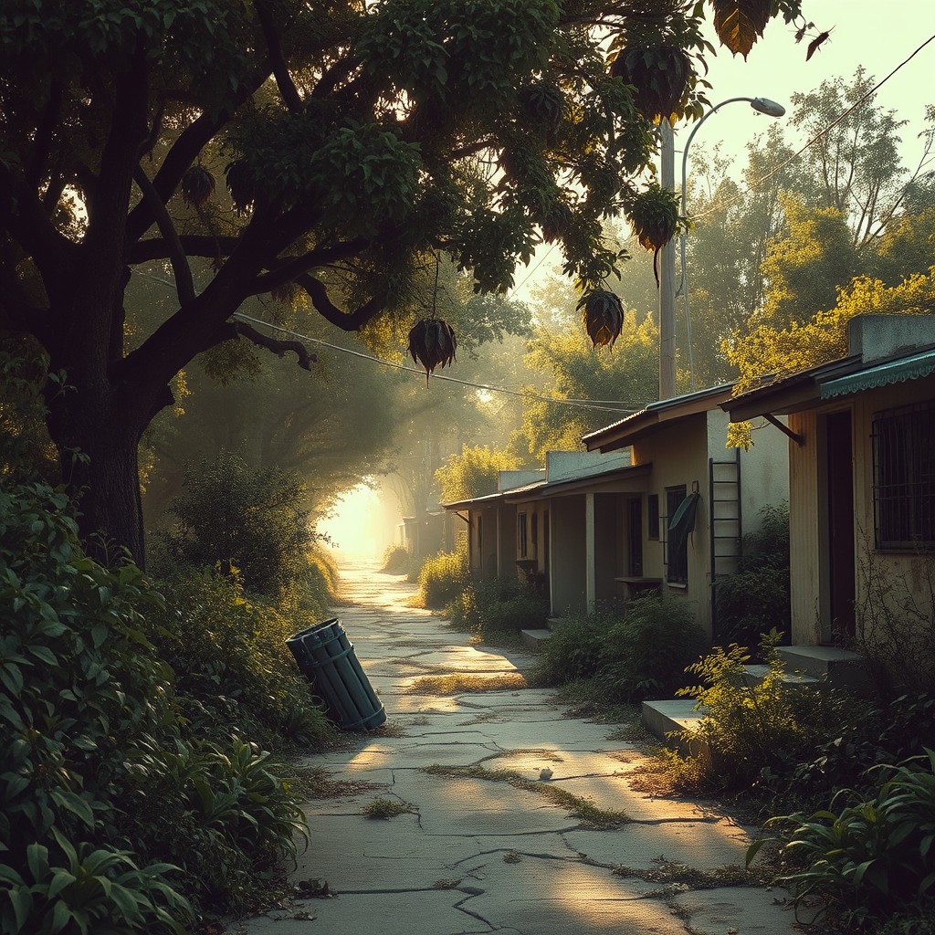 An overgrown street in the early morning light, shaded by overripe and blighted trees buzzing with flies and pestilent insects
