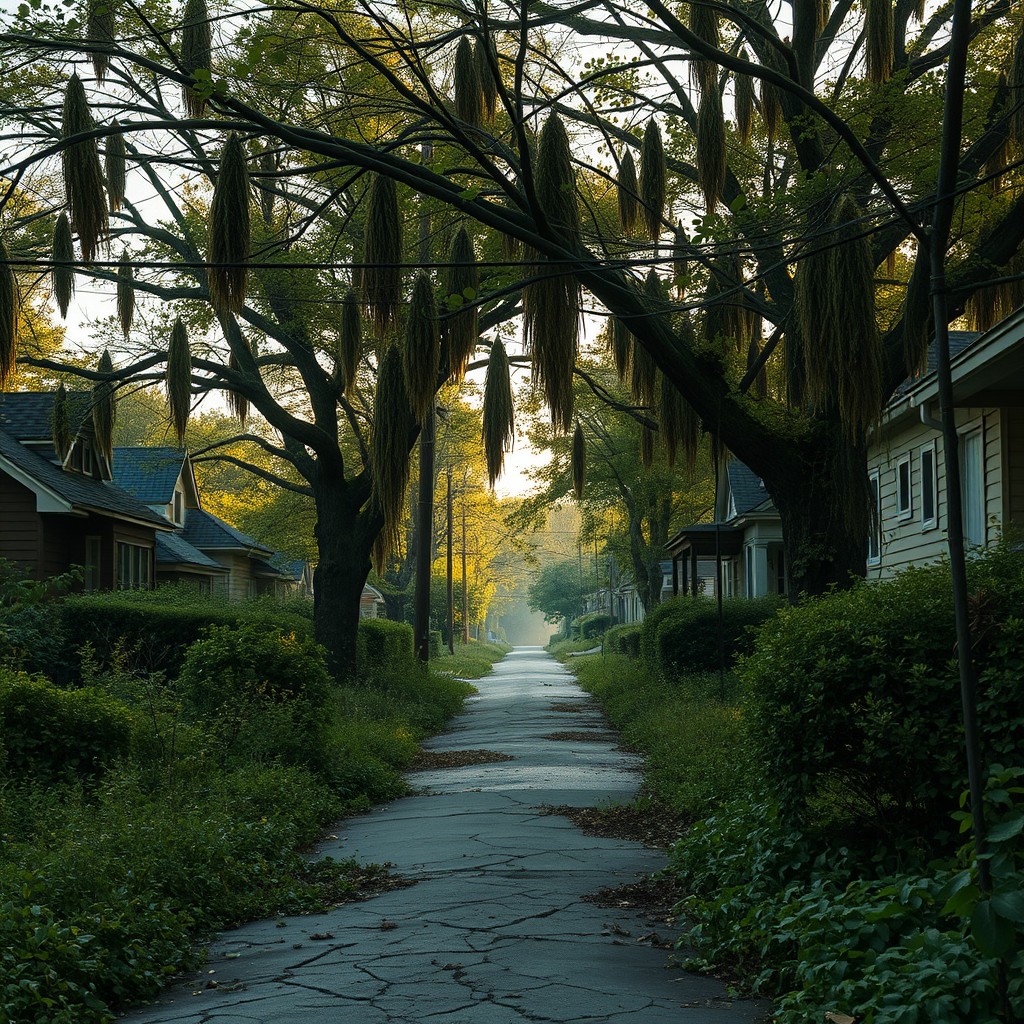 An overgrown street in the early morning, shaded by overripe and blighted crabapple trees, their heavy branches drooping low and buzzing with flies and pestilent insects