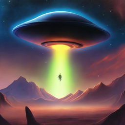 Illustrate a UFO hovering above Earth with an alien descending from it, bathed in a mysterious glow, encapsulating a sense of fascination and wonder in this extraordinary encounter.