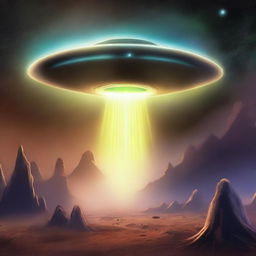 Illustrate a UFO hovering above Earth with an alien descending from it, bathed in a mysterious glow, encapsulating a sense of fascination and wonder in this extraordinary encounter.