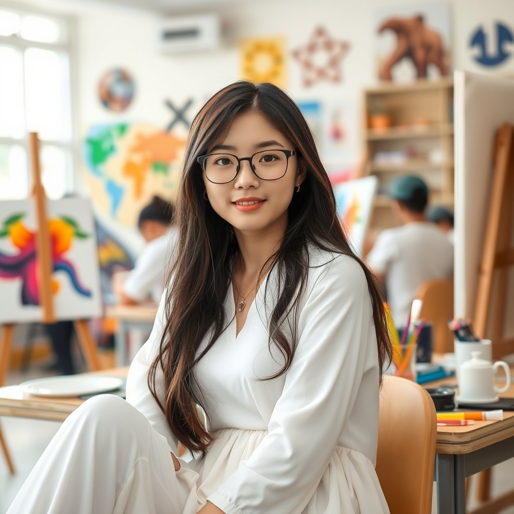 A cute Chinese girl, approximately 17 years old, sitting in a vibrant high school art class