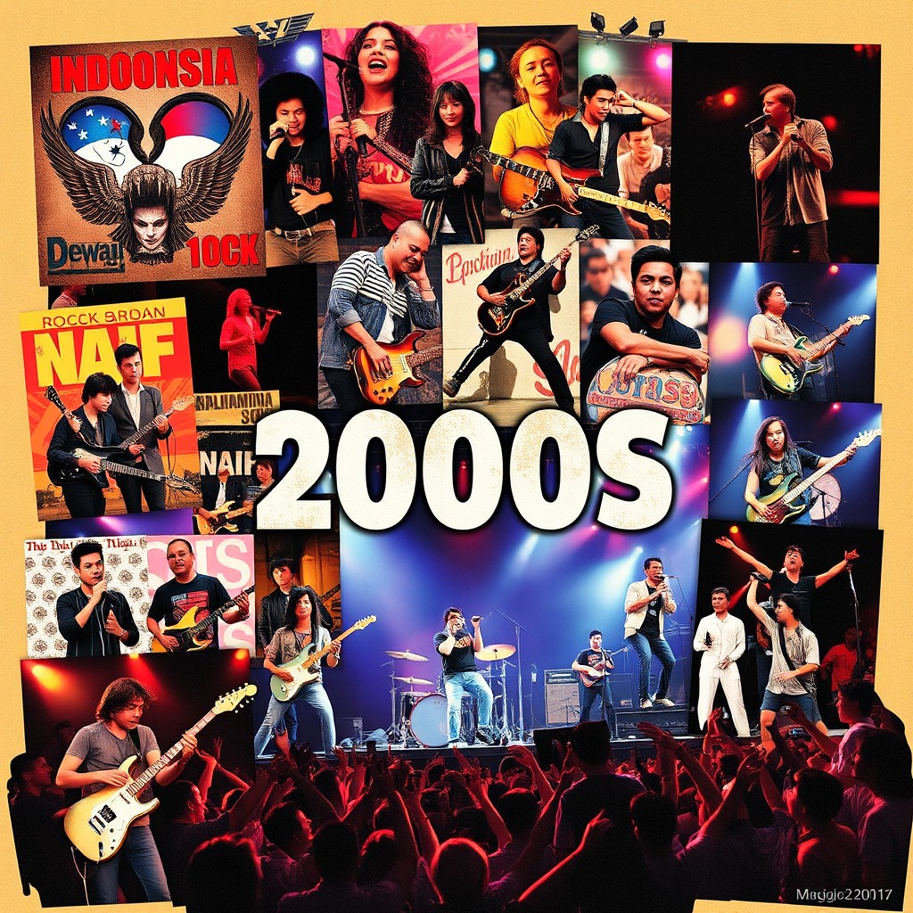A vibrant and dynamic collage showcasing Indonesian rock bands from the 2000s, featuring iconic album covers, live performances, and band members in action
