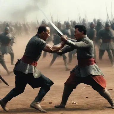 The movie depicted a gripping martial battle scene between two opposing armies.
