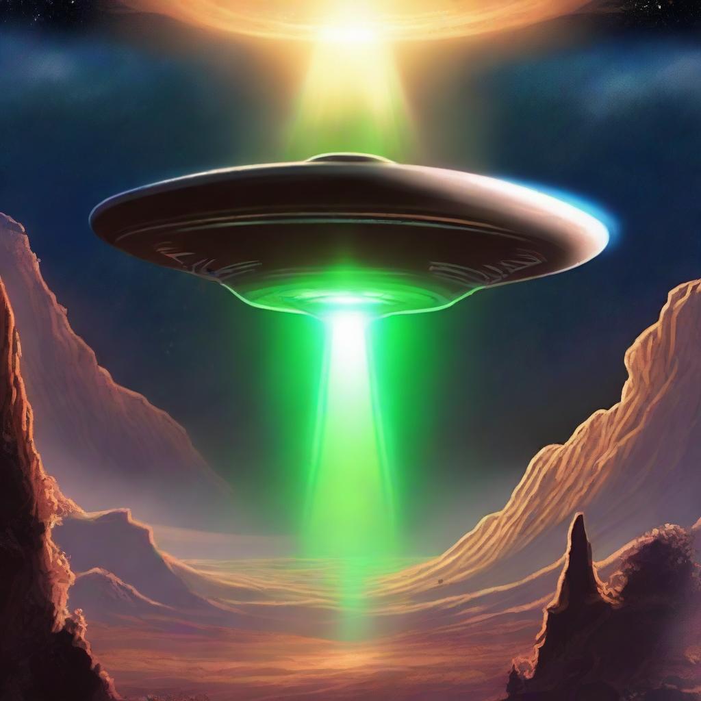 Illustrate a UFO hovering above Earth with an alien descending from it, bathed in a mysterious glow, encapsulating a sense of fascination and wonder in this extraordinary encounter.