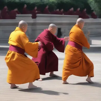 The monks demonstrated their martial skills during the religious ceremony.