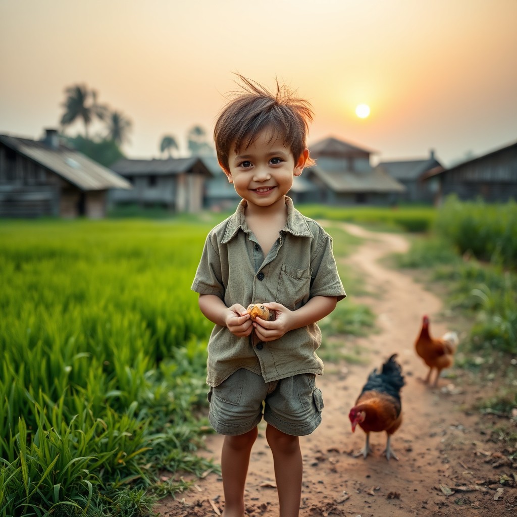 A charming village boy standing on a dirt path, surrounded by lush green fields and rustic wooden houses