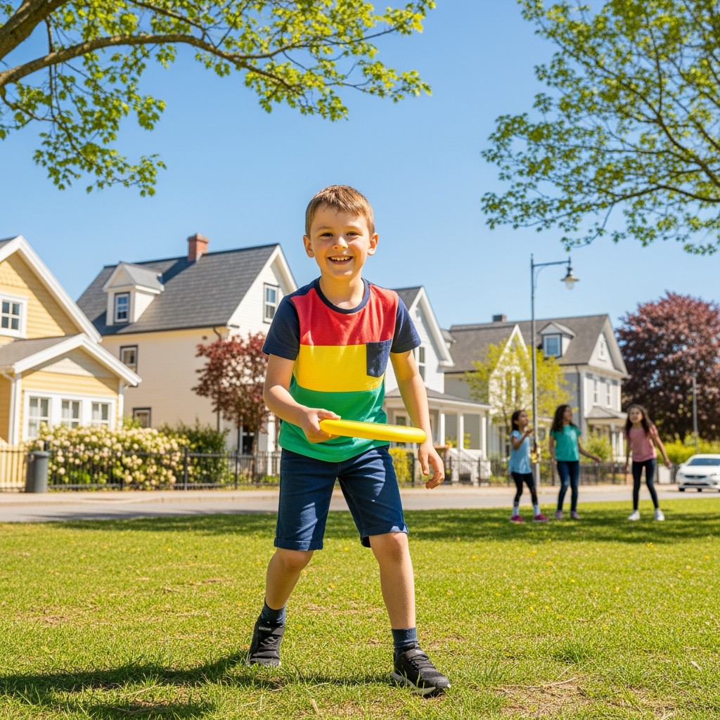 A young boy with a bright smile, wearing a colorful t-shirt and shorts, playing with a frisbee in a sunny small town park