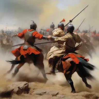 The artist created a stunning painting capturing the martial spirit of a battle scene.