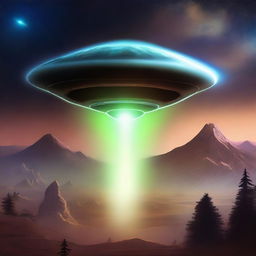 Illustrate a UFO hovering above Earth with an alien descending from it, bathed in a mysterious glow, encapsulating a sense of fascination and wonder in this extraordinary encounter.