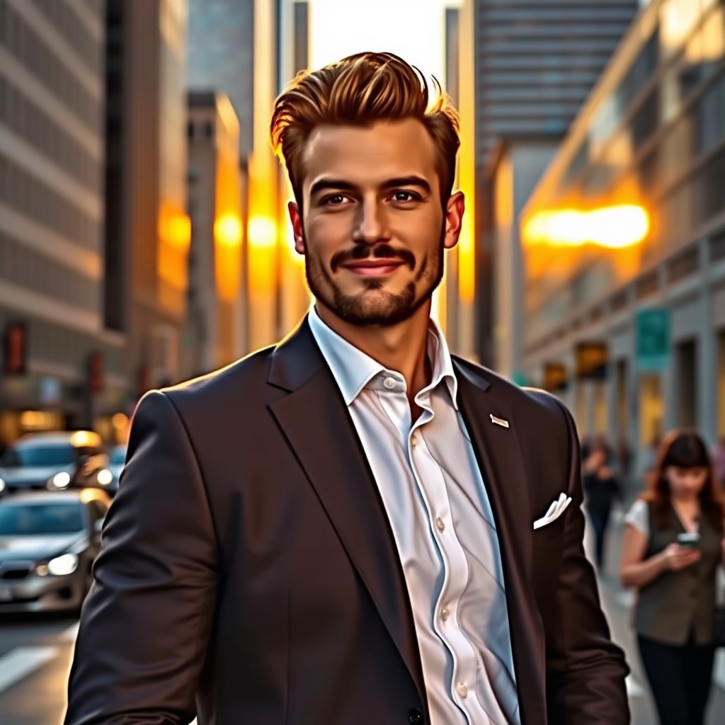 A confident man in a tailored suit standing on a city street during golden hour, with the sun setting behind skyscrapers