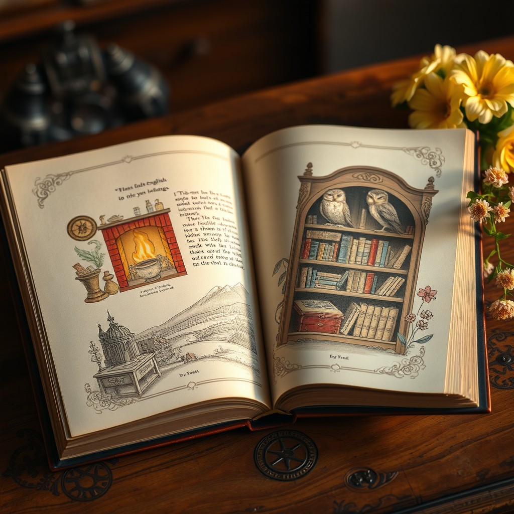 A beautifully illustrated English book lying open on an antique wooden table, with ornate details on the cover