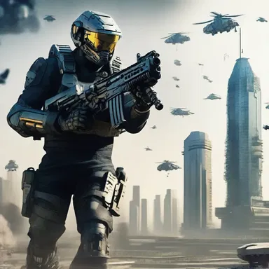 The novel explores a future society with martial elements, including advanced warfare technology.