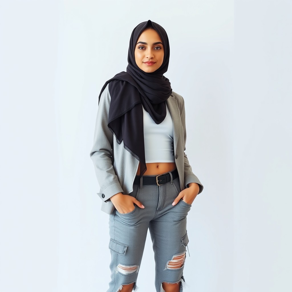 A full-body portrait of a young Arab woman wearing a trendy hijab and a contemporary, revealing outfit, standing confidently against a plain wall background