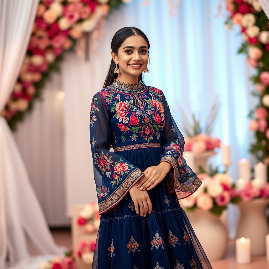 An exquisite portrayal of a hand-embroidered Hazargi engagement dress, showcasing the intricate craftsmanship and vibrant colors typical of traditional women's attire for engagement celebrations