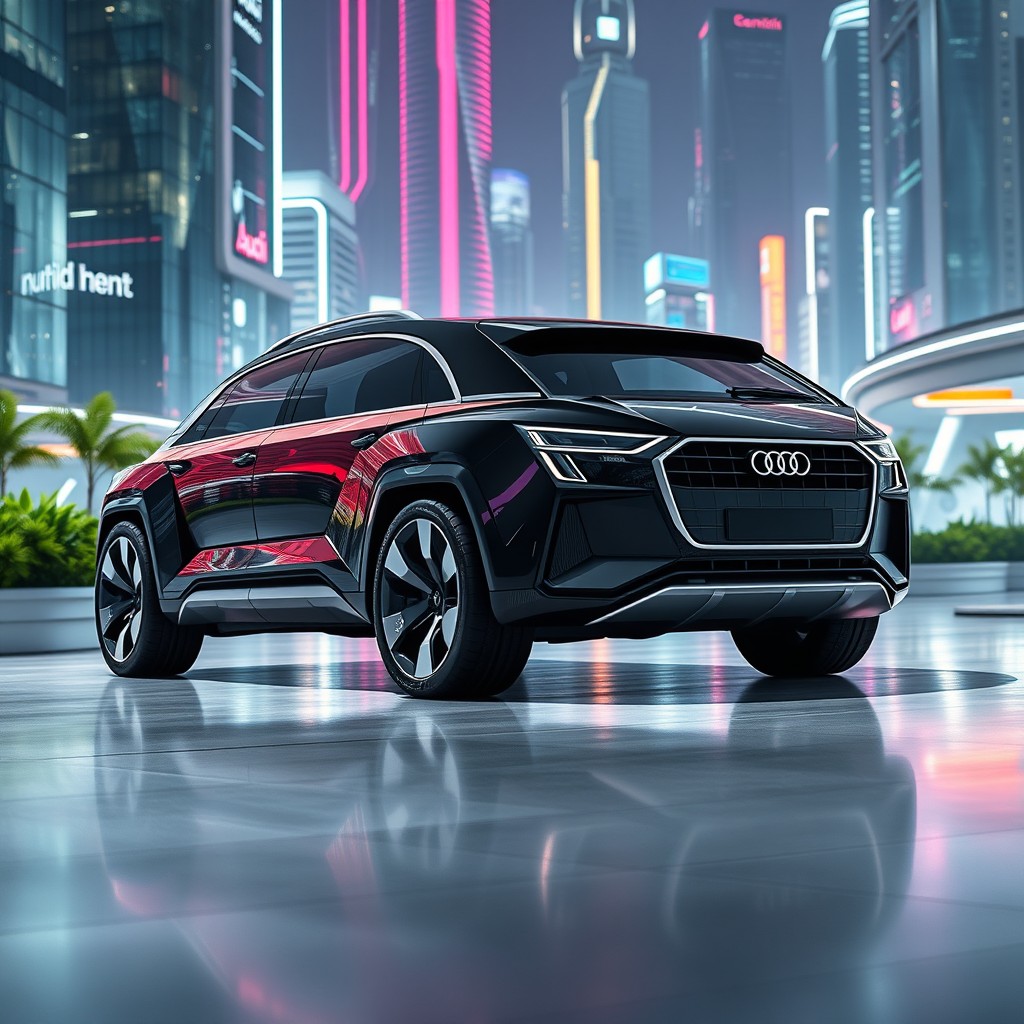 A futuristic black-bodied Audi all-terrain vehicle with a sleek, modern design, showcasing sharp angles and a streamlined silhouette
