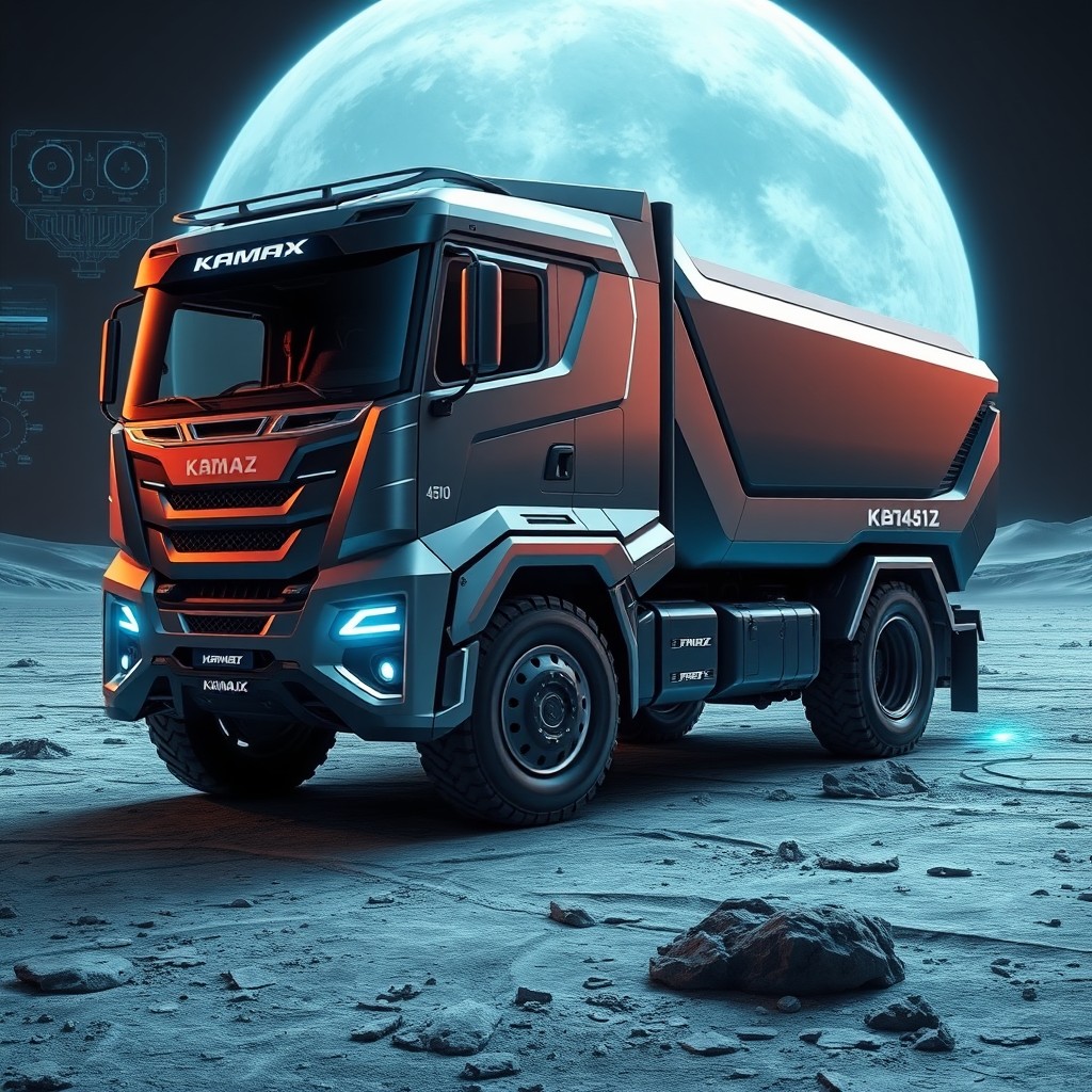 A futuristic KamAZ-4512 truck with a sleek and innovative design, featuring sharp contours and advanced technologies