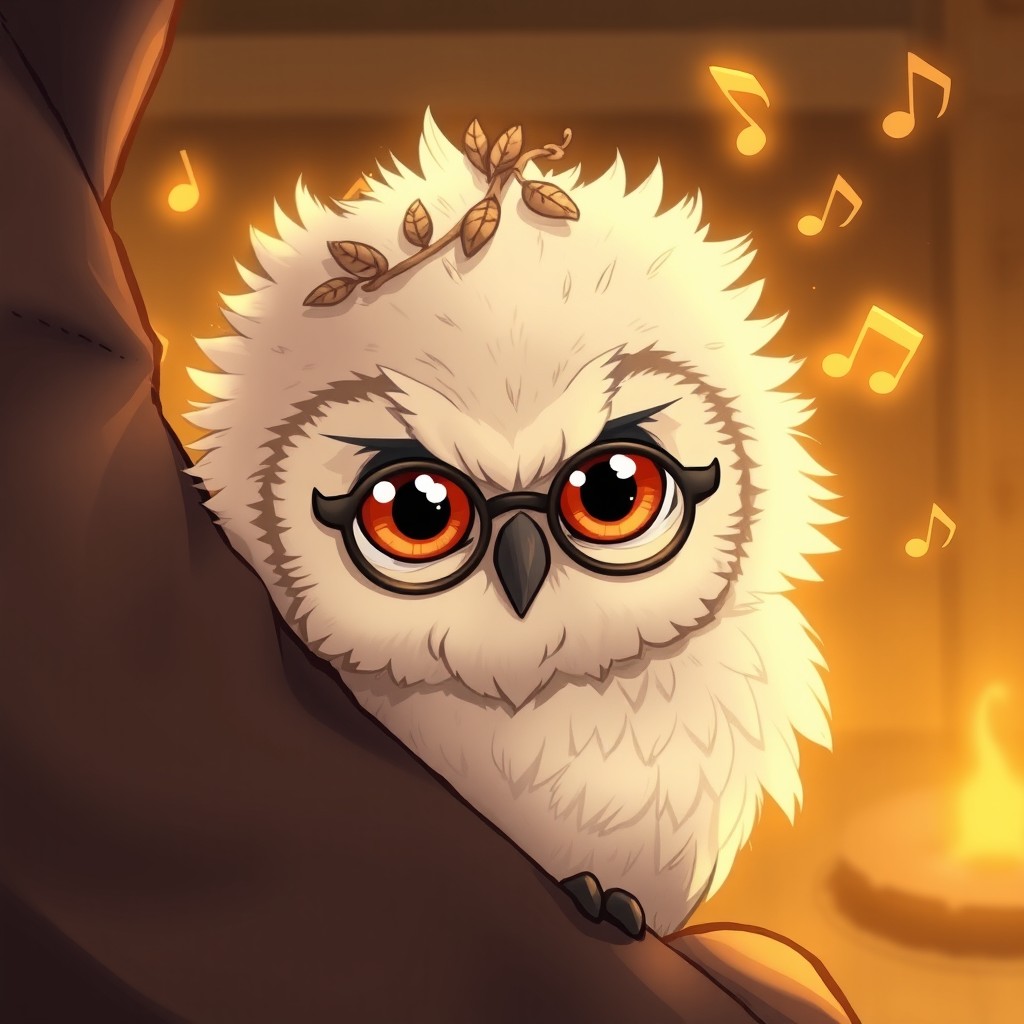 A young chubby owl-spirit familiar named Sowirog, characterized by its fluffy light-gray feathers and big amber eyes