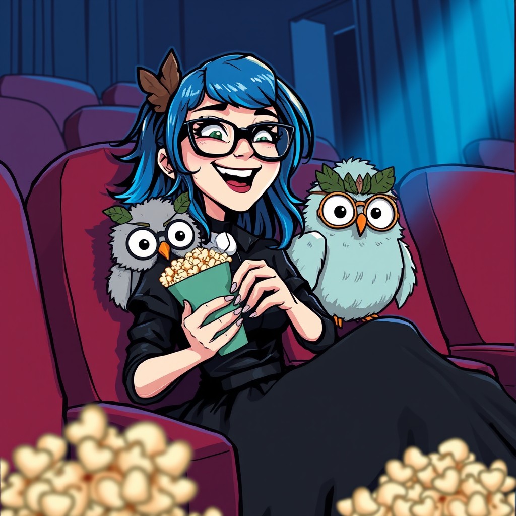 A gothic woman with vibrant azure-blue hair and glasses, dressed in a black tulle skirt and leather shirt, is sitting in a cinema seat, smiling and excitedly eating popcorn while watching a horror movie