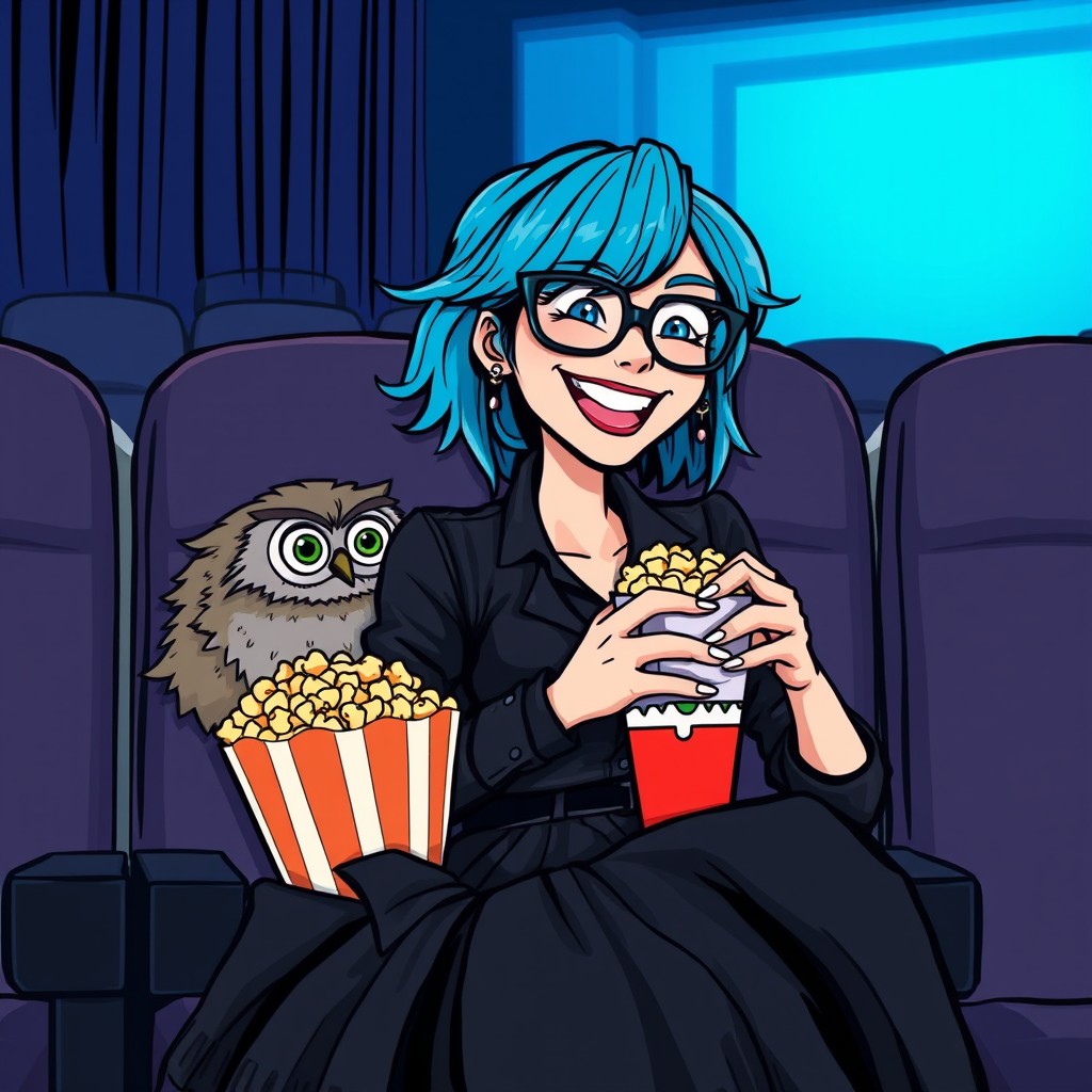 A gothic woman with striking azure-blue hair and glasses, clad in a stylish black tulle skirt and a leather shirt, is sitting in a cinema seat, smiling brightly and excitedly munching on popcorn while watching a horror movie