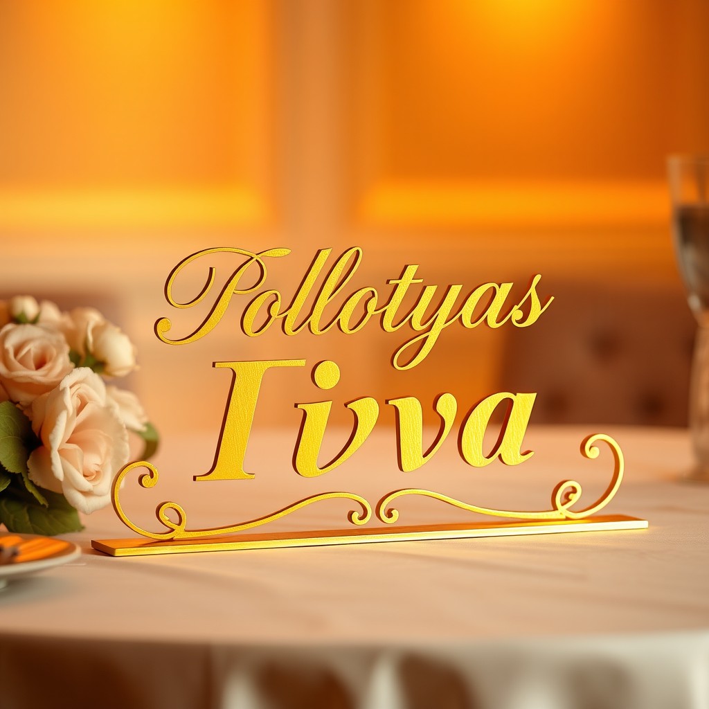 A beautifully designed golden table sign with the words "Золотая Нива" elegantly engraved in a stylish font