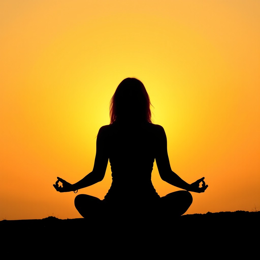 A beautiful silhouette of a woman meditating at sunrise, surrounded by a golden light aura that creates an ethereal atmosphere