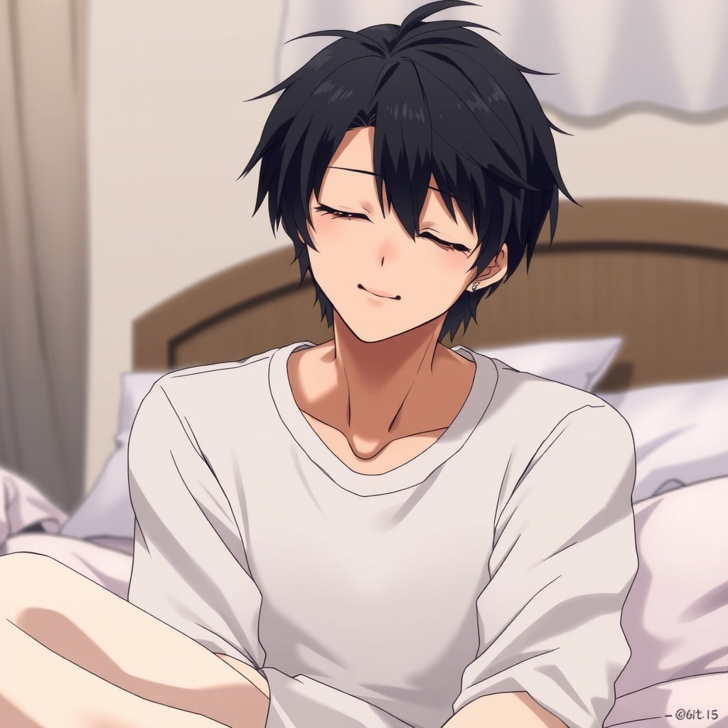 A 30-year-old anime man with black hair, fair skin, and closed eyes, showing a faint smile while sitting on a bed