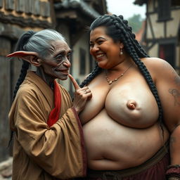 In a medieval village setting, an elderly female goblin, small and emaciated with very dark skin, is humorously interacting with a voluptuous woman