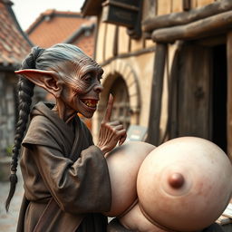 In a medieval village setting, an elderly female goblin, small and emaciated with very dark skin, is humorously interacting with a voluptuous woman