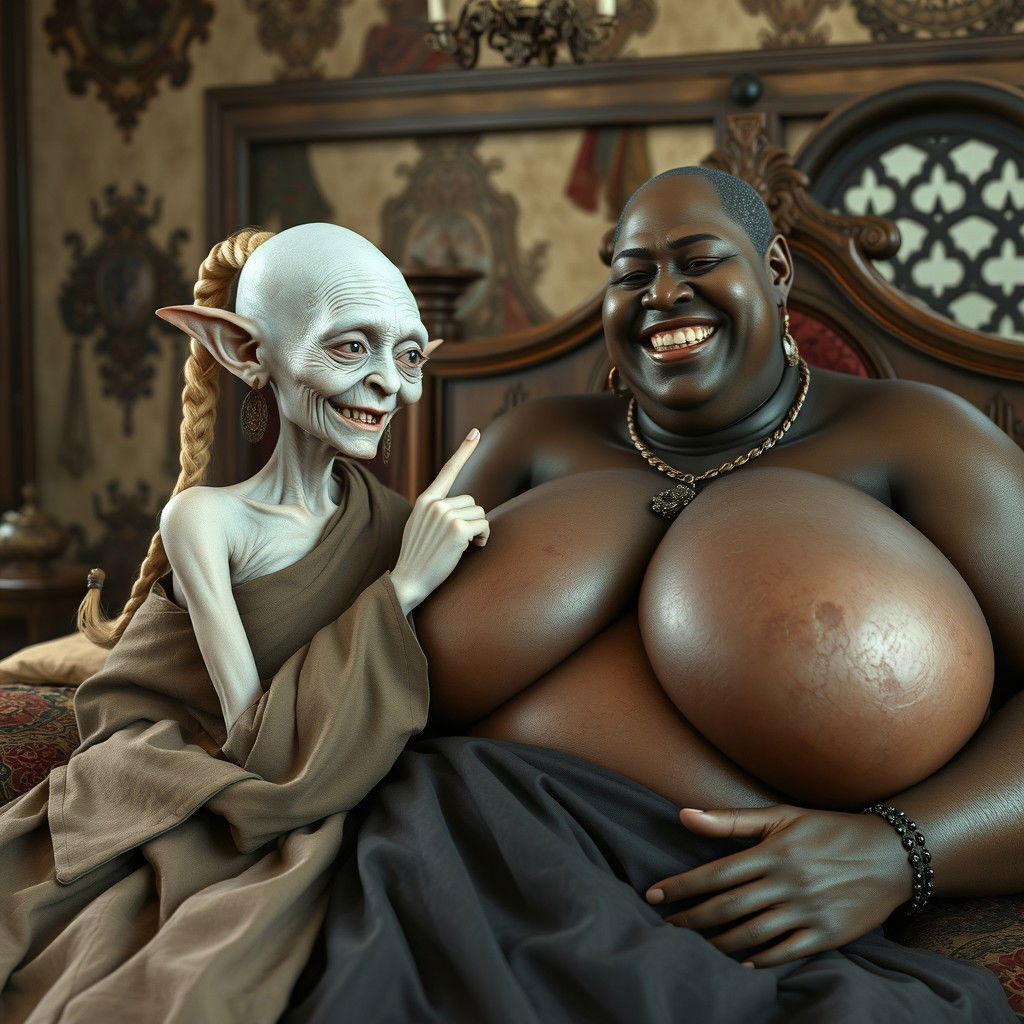 In a medieval-themed bedroom, two characters are reclining on a lavishly decorated bed