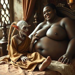 In a medieval-themed bedroom, two characters are reclining on a lavishly decorated bed