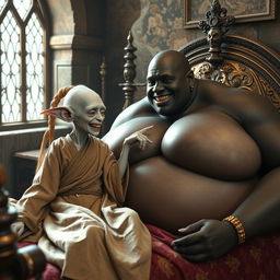 In a medieval-themed bedroom, two characters are reclining on a lavishly decorated bed