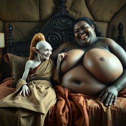 In a medieval-themed bedroom, two characters are reclining on a lavishly decorated bed