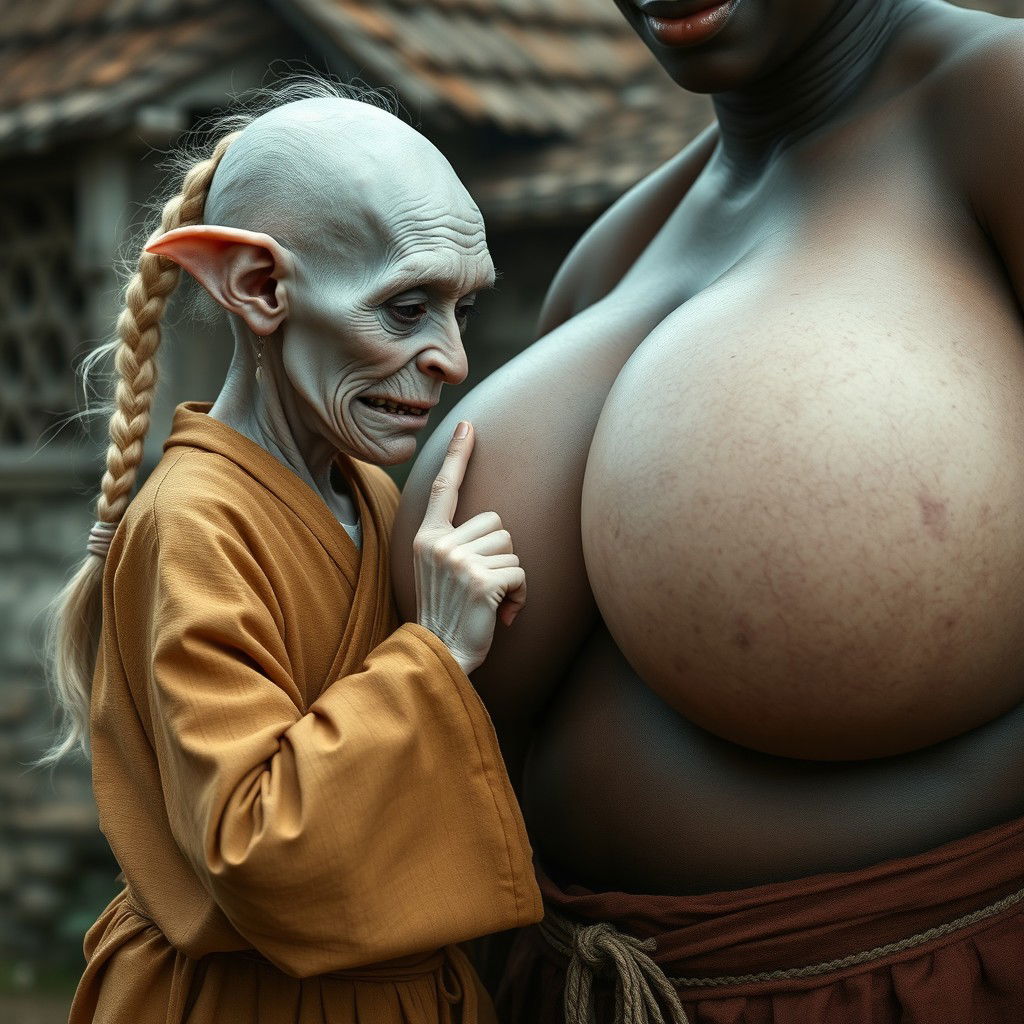 In a medieval village, a tiny elderly female goblin with albinism has very pale skin and a malnourished body