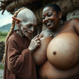 In a medieval village, a tiny elderly female goblin with albinism has very pale skin and a malnourished body