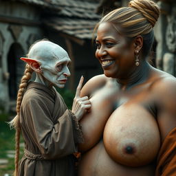 In a medieval village, a tiny elderly female goblin with albinism has very pale skin and a malnourished body