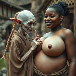 In a medieval village, a tiny elderly female goblin with albinism has very pale skin and a malnourished body