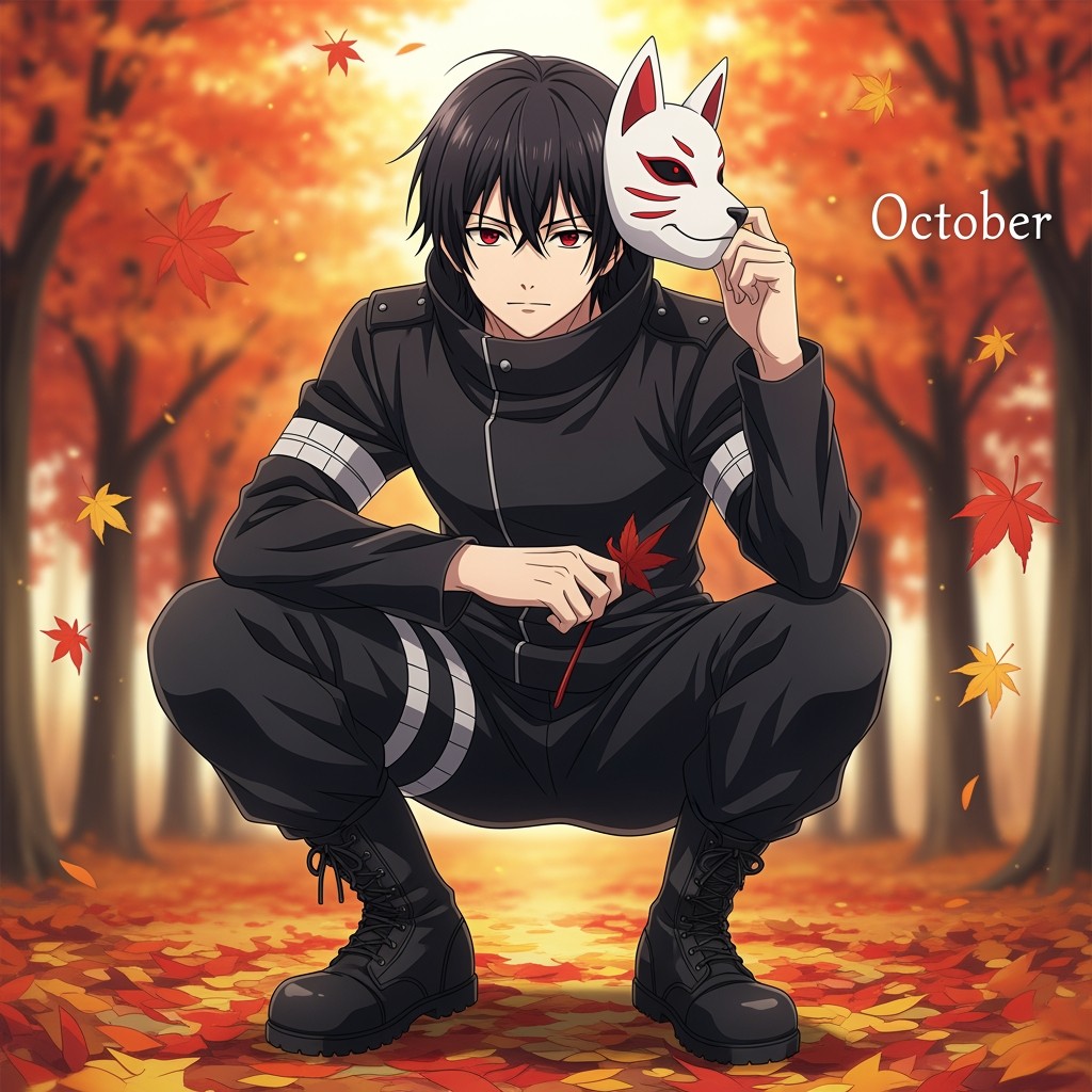 A male anime character in his 20s, embodying the essence of October