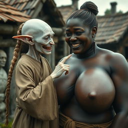 In a medieval village, a diminutive elderly female goblin with albinism has very pale skin and a frail body