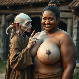 In a medieval village, a diminutive elderly female goblin with albinism has very pale skin and a frail body