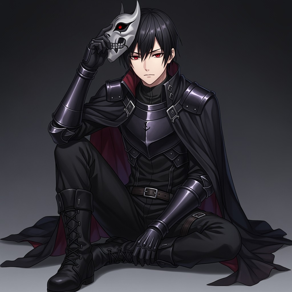 A male anime character with black hair framing his forehead and striking crimson eyes that captivate anyone who looks at him