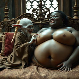 In a medieval bedroom setting, two figures are lying on an ornate bed