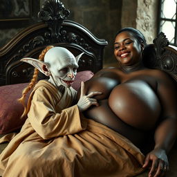 In a medieval bedroom setting, two figures are lying on an ornate bed